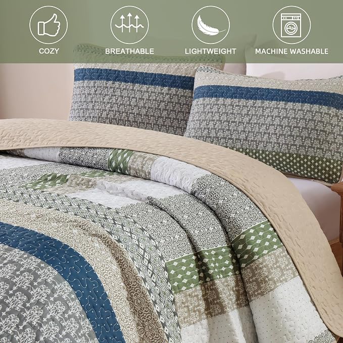 WONGS BEDDING King Quilt Set Khaki Green, 3 Pieces Striped Bedspread | Ultra - Image 4