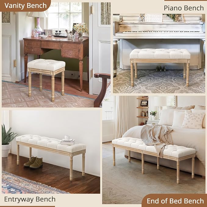 LUE BONA 44" Bedroom Bench, Fabric End of Bed Bench, Upholstered French Tufted - Image 8