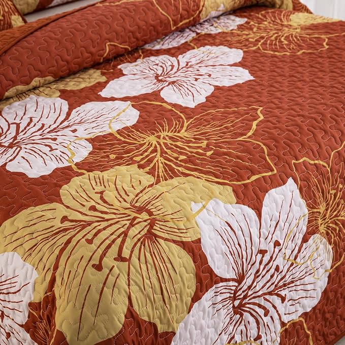 DJY Fall Terracotta Quilt Set Queen Gold Floral Pattern Quilt Coverlet Set Boho - Image 3