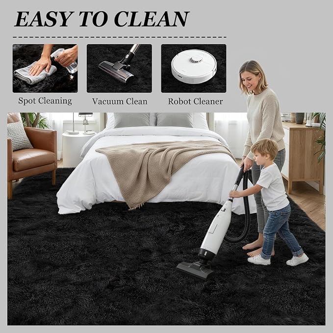 9x12 Area Rug Living Room Bedroom: Fluffy Plush Shag Carpet Black | - Image 8