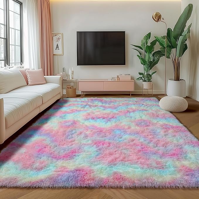 Rainbow Area Rugs for Girls Bedroom, 4x6 Fluffy Bedside Colorful Rug, Cute Soft - Image 5