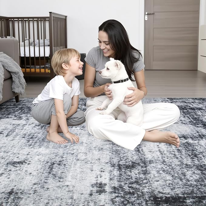 5x8 Area Rug Living Room: Modern Washable Soft Carpet Dark Black | - Image 7