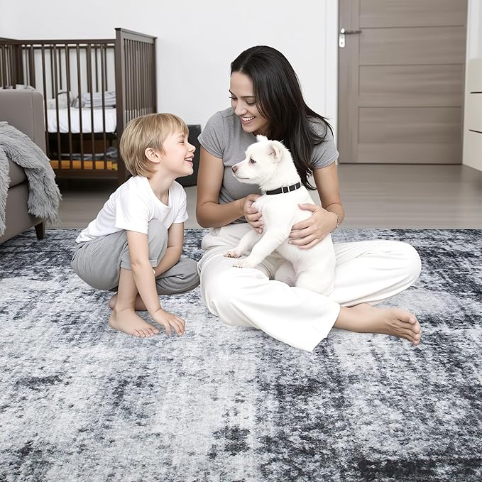 Area Rug Living Room: 4x4 Modern Washable Soft Carpet Dark Black | - Image 8