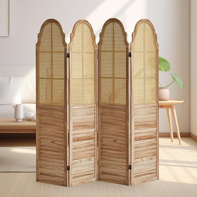 4 Panels Room Divider Wall, Rustic Rattan Room Divider, Wood Folding Privacy - Image 7
