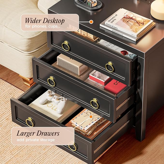 Huuger Paint Night Stand with Charger Station, 3 Drawer Nightstand Set of 2 | - Image 5