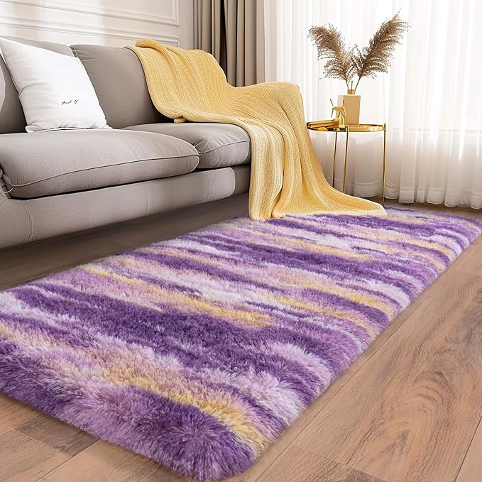 Soft Runner Rugs for Bedroom Hallways, 2x5 Abstract Purple Fluffy Shag Throw - Image 2