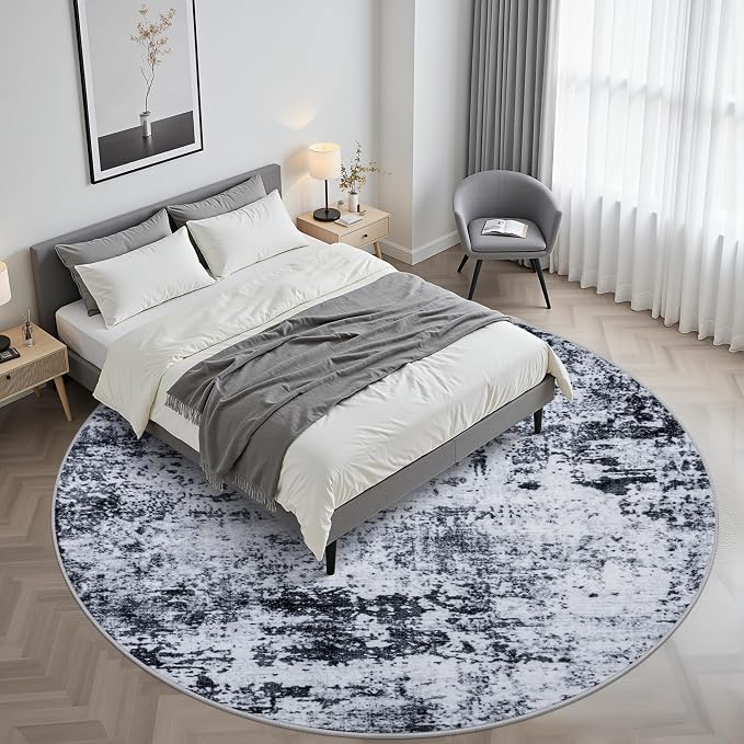 Round Area Rug Living Room: 8 ft Modern Washable Carpet Black | - Image 2