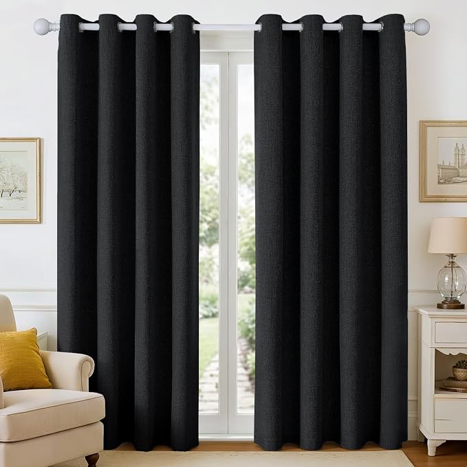 Joydeco Black Curtains for Bedroom 2 Panels Set, Faux Linen Textured 100% by JOYDECO