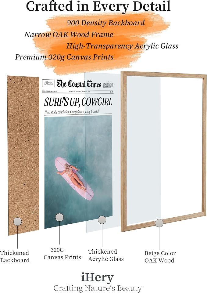 iHery 16x20in Surf’s Up Cowgirl Framed Newspaper Wall Art | Natural OAK Wood - Image 3