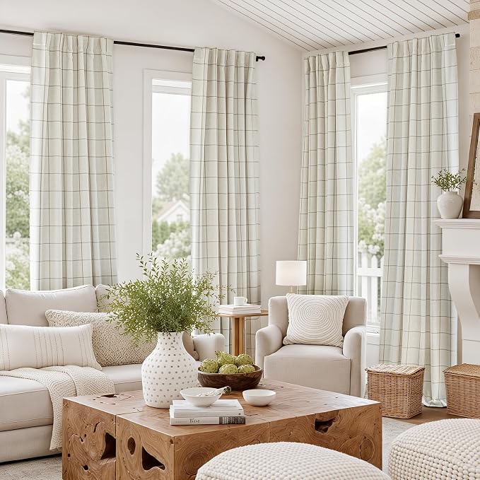 DriftAway 100% Blackout Plaid Linen Curtains 90 Inches Long 2 Panels Taupe | - Image 2