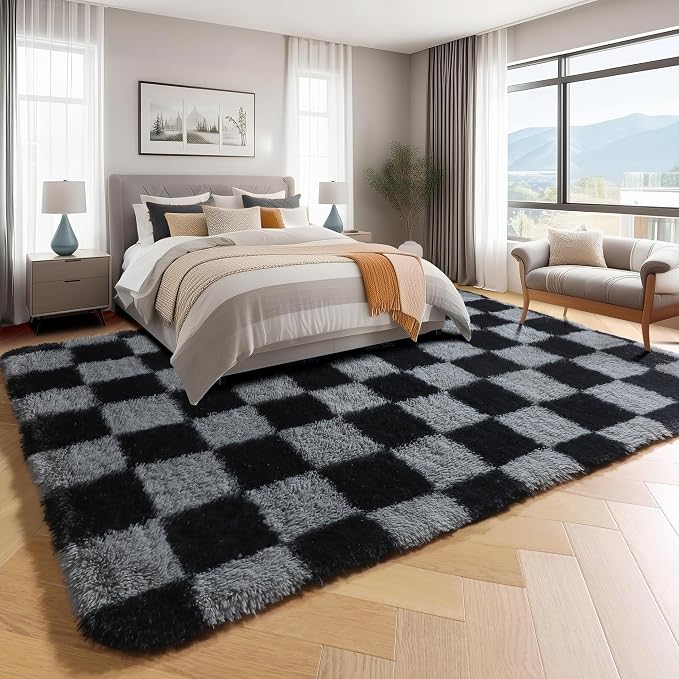 KICMOR Rugs for Living Room 5x7 Black and Grey, Soft Fluffy Checkered Shag Area - Image 3
