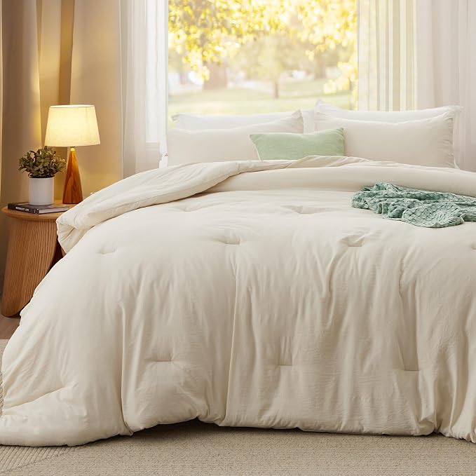 Bedsure King Comforter Set, Cream Soft Prewashed Bedding - Image 2