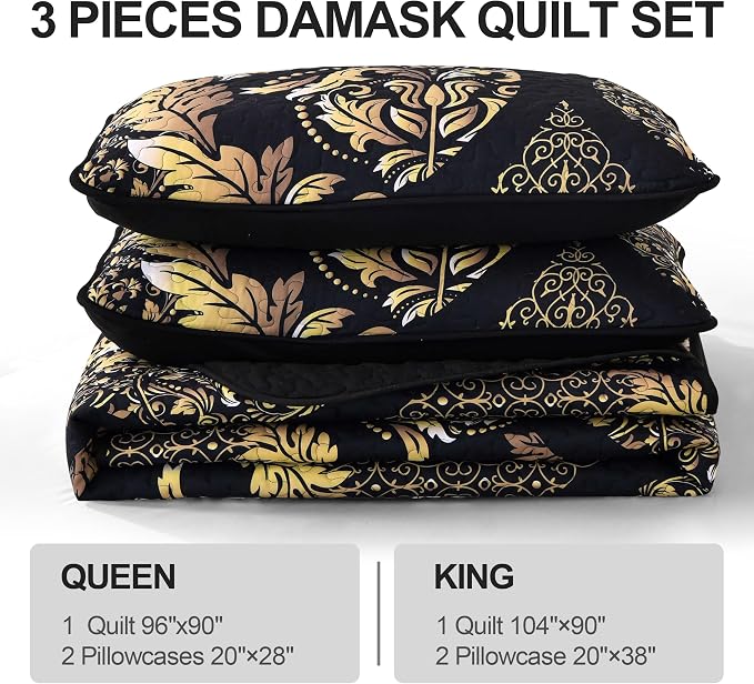 DJY Black Quilt Set Queen Size, Boho Gold Damask Bedspread Coverlet 3Pcs | Soft - Image 6