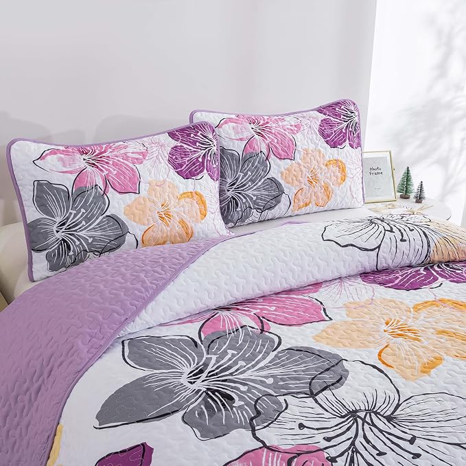 DJY 3 Pieces Quilt Set King Size Purple Floral Pattern, Colourful Floral - Image 5