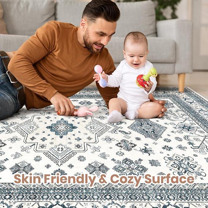 cotiled 9x12 Area Rug for Living Room, Traditional, Powder Blue | Soft - Image 3