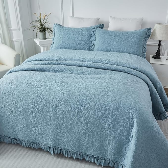 Brandream Luxury 100% Cotton Quilt Set King Size Blue Floral Vine Matelasse - Image 4