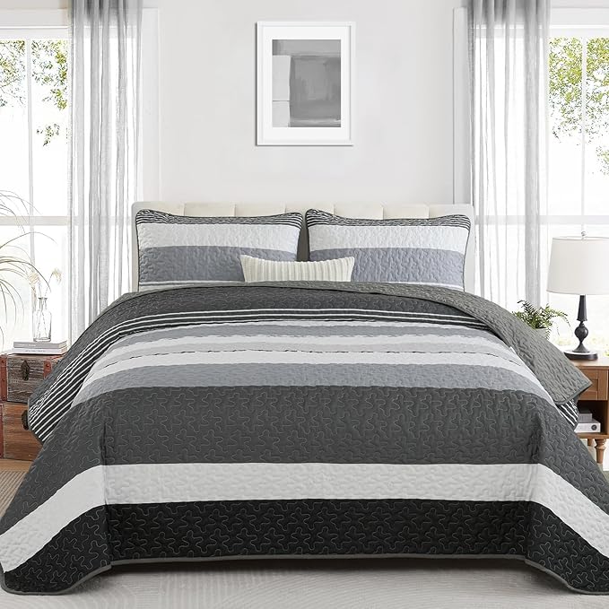 Dinjoy King Boho Striped Quilt Set, Balck White Lightweight Bedspread | Soft by DINJOY