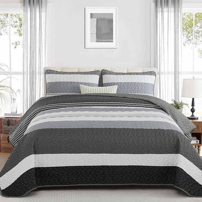 Dinjoy Queen Boho Striped Quilt Set, Balck White Lightweight Bedspread | Soft by DINJOY