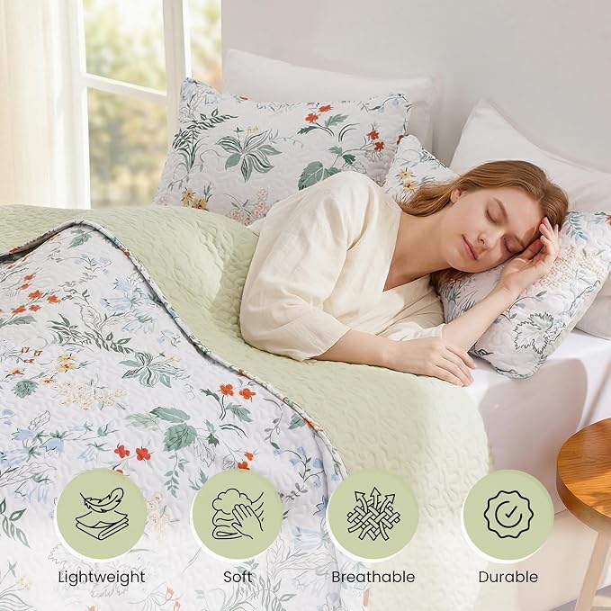 EXQ Home Printed Quilt Set Full Queen Size Green Leaves Bedspread Set | Bedding - Image 3