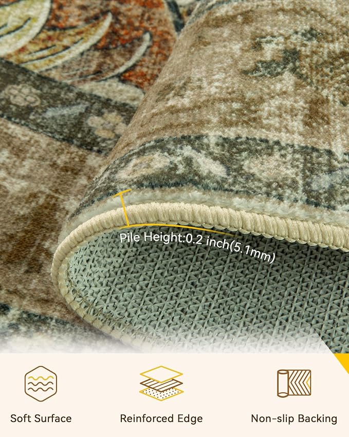 RELEANY Washable Area Rug, Round 7ft, Brick/Brown/Green | Non-Slip, Water - Image 3