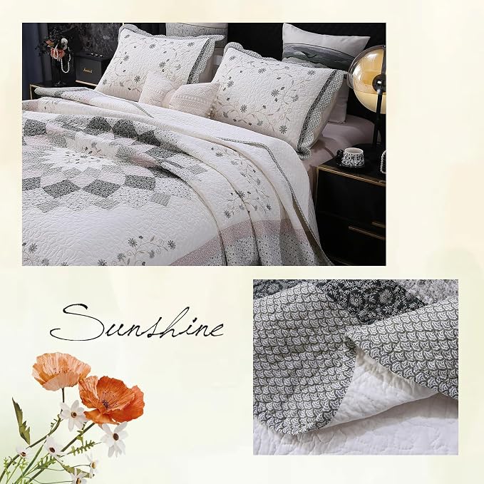 ROOMLIFE Quilt Set Queen Size 3D Floral Embroidery Pattern 3-Piece Cotton | - Image 7