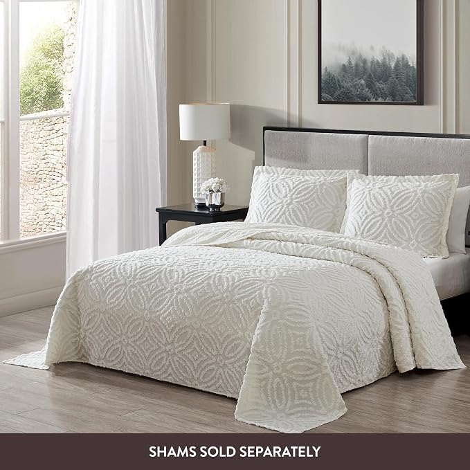 Beatrice Home Fashions Wedding Ring Queen Cotton Chenille Bedspread, Ivory | - Image 3