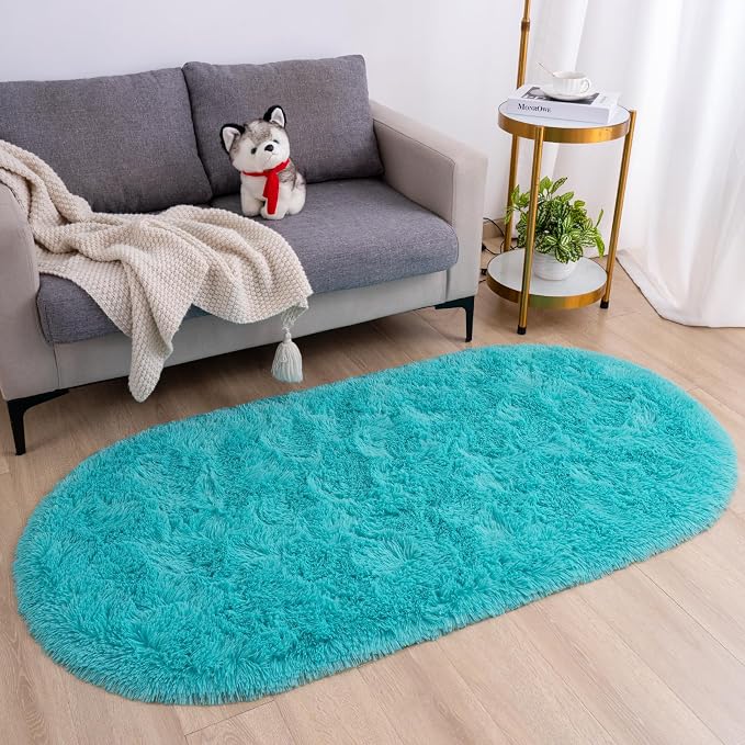Goideal Fluffy Bedroom Rug, Small Oval Area Rugs, Teal Shag Bedside Carpet - Image 2