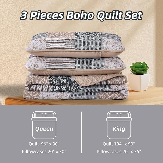 Mybedsoul Patchwork Quilt Set King Size, 3 Pieces Blue Brown Floral Plaid - Image 7