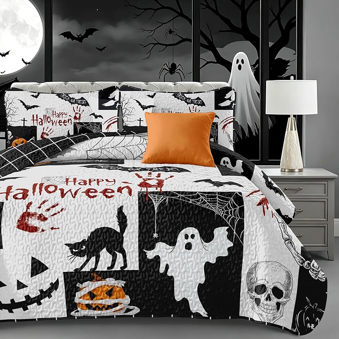 WONGS BEDDING Halloween Quilts Queen Size, Queen 96"x90", Reversible Grid Design - Image 2