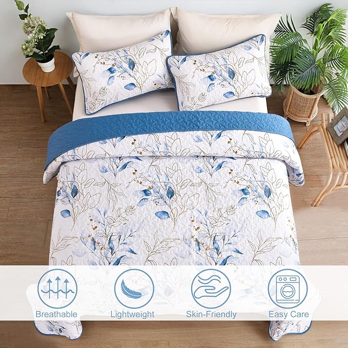 Anibedding Blue Quilt Set California King, Botanical Microfiber Bedspread | 3 - Image 2