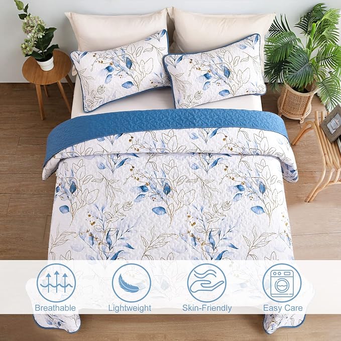 Anibedding Botanical Quilt Set Queen Size Blue Print Bedspread Coverlet Set | - Image 2