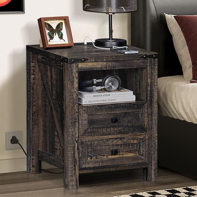 Joaxswe Nightstand with Charging Station and 2 Drawers, Farmhouse | Dark Drey - Image 7