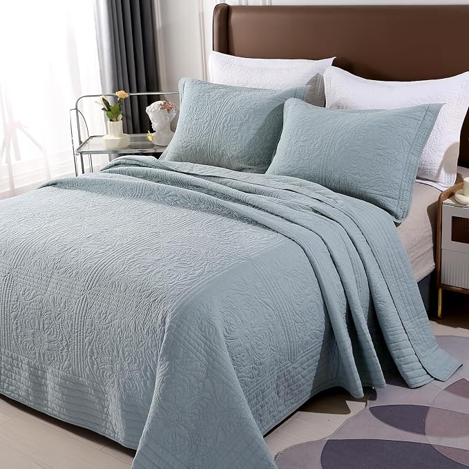 ROOMLIFE Quilt Set Queen Size 3D Floral Embroidery Pattern 3-Piece Cotton by ROOMLIFE