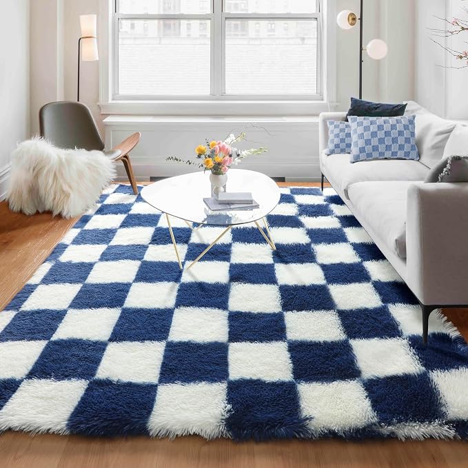 KICMOR Rugs for Living Room, Soft Fluffy Checkered Shag 5x8 Area Rug Large Big by KICMOR