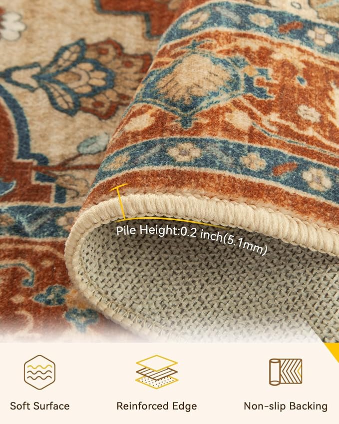 RELEANY Washable Area Rug, Round 4ft, Water Repellent, Pet Friendly, Vintage - Image 3