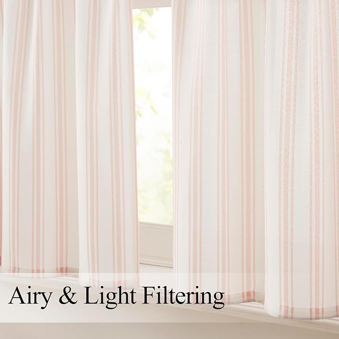 ZJDECOR Cotton Blended Pink Vertical Stripe Tiers Panels, Semi Sheer, Rod Pocket - Image 2