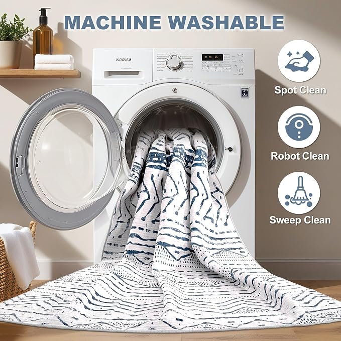 Nakagishi Boho 5x7 Area Rug Living Room Rugs Machine Washable Navy Blue | Soft - Image 2