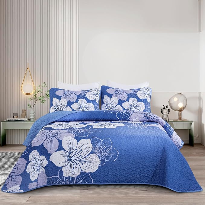 DJY Gradient Blue Quilt Set King 3 Pieces Floral Summer Bedding Quilt Set Soft by HOME