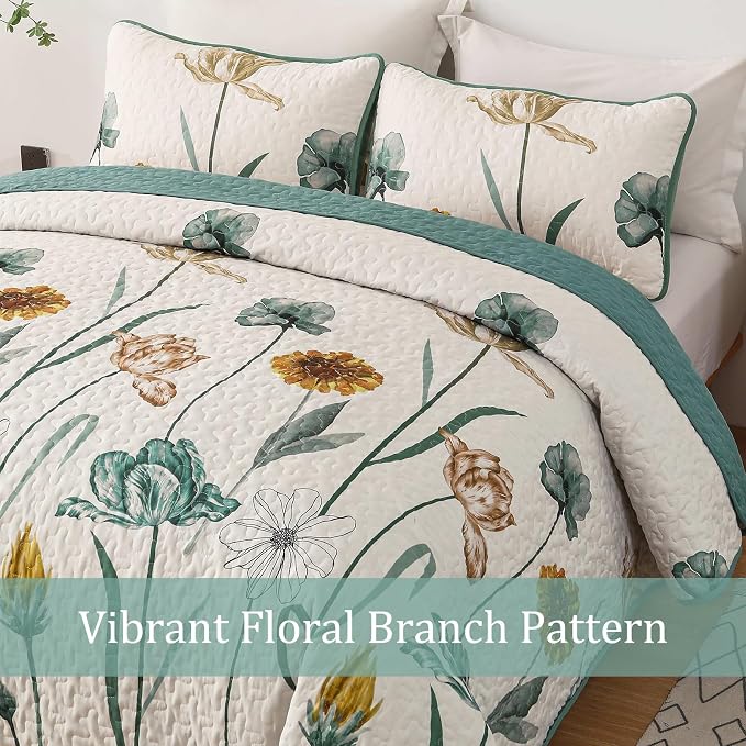 WONGS BEDDING Floral Quilt Set Queen Size, Aqua Botanical Coverlet | Farmhouse - Image 8