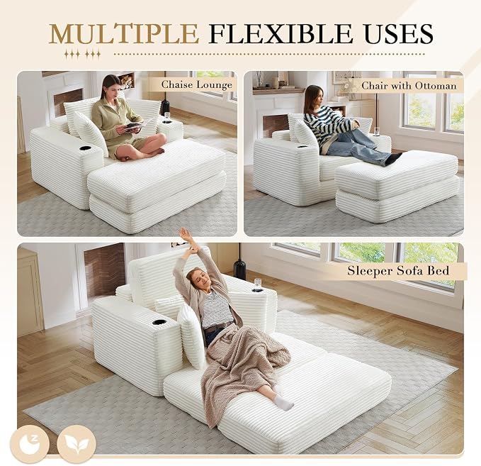 Oversized Chaise Lounge Chair Indoor, 52.4"W Corduroy Upholstered Fluffy Comfy - Image 4