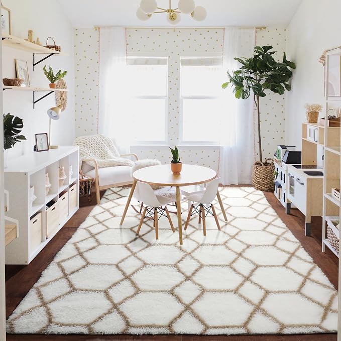 Large Area Rugs for Living Room, 7x10 White and Beige Bedroom Rug, Geometric - Image 8
