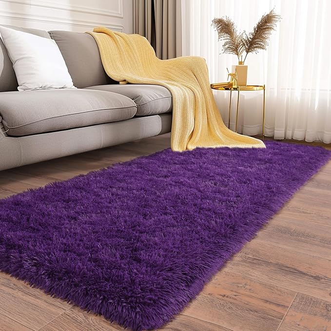 Fluffy Shag Runner Rugs for Bedroom Hallways, 2x8 Purple Washable | Non Slip - Image 2