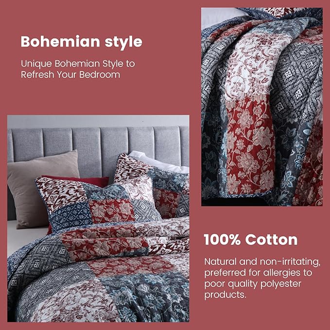 Secgo King Size Comforter Set- 100% Cotton Quilt King Size Set, Burgundy - Image 4