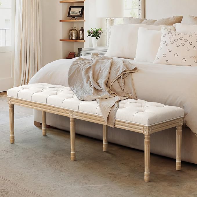 LUE BONA 60" Fabric End of Bed Bench, Upholstered Tufted French Bedroom Bench - Image 4