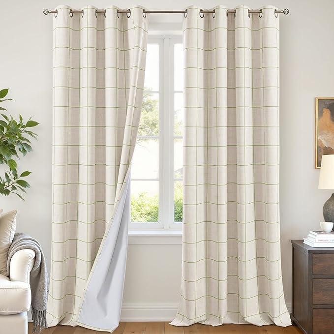 Plaid Curtains 90 Inches Long, 2 Panels Each 52 Wide, Sage | Linen Textured by Lajode