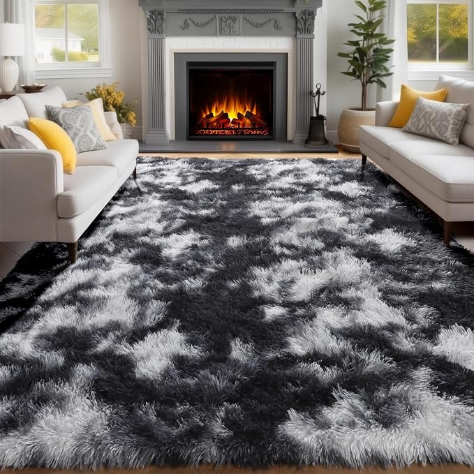 Black White Grey Rugs for Living Room 5x8, Shag Fuzzy Fluffy Rectangular Rugs - Image 8