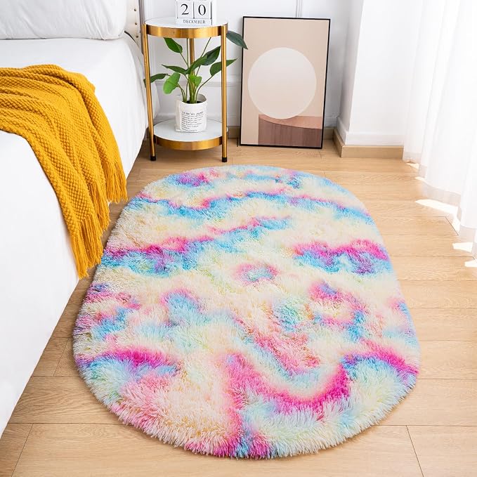 Goideal Fluffy Bedroom Rug, Small Oval Area Rugs, Rainbow Shag Bedside Carpet by Goideal