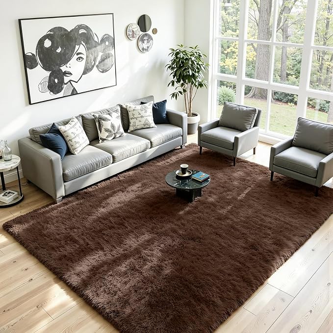 8x10 Fluffy Area Rug for Living Room: Soft Non-Slip Brown Bedroom Carpet | - Image 2