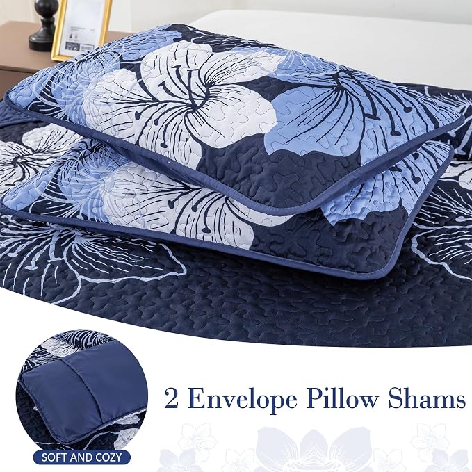 DJY 3 Pieces Quilt Set Queen Navy Blue Floral Pattern Quilt Coverlet Set - Image 7