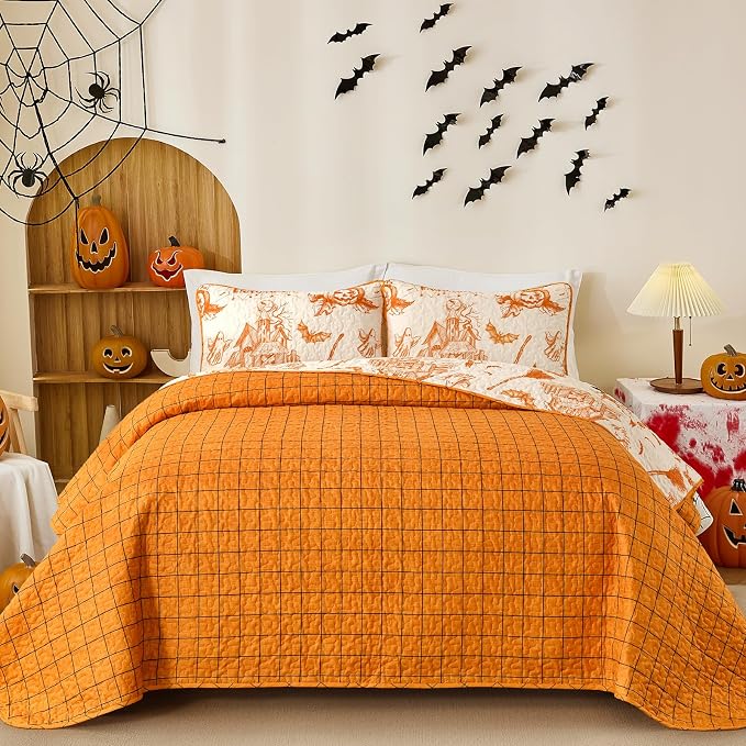 WONGS BEDDING King Pumpkin Castle Quilt Set, Halloween Bedspread Bedding | - Image 4